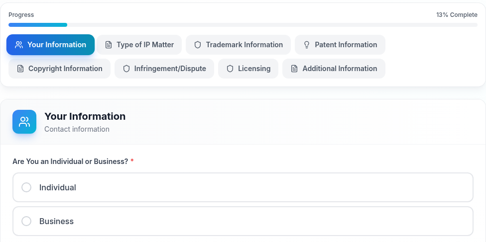 Glimpse of a branded intake form: progress bar, practice-area steps, and client information fields