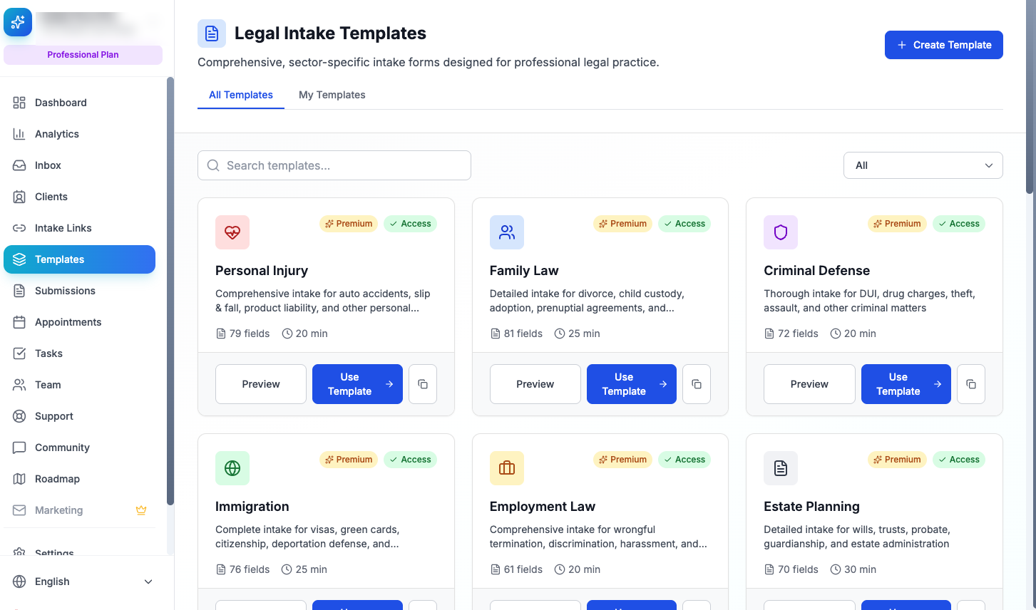 The template library: six practice-area intake templates with field counts and completion times